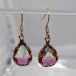 Handmade Pink Green Glass Gold Trim Teardrop with 18k hooks Earrings